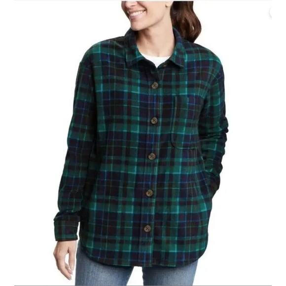 Eddie Baur Microfleece Button Up Flannel Shirt Green Blue Plaid Size Medium, NWT - Picture 1 of 9